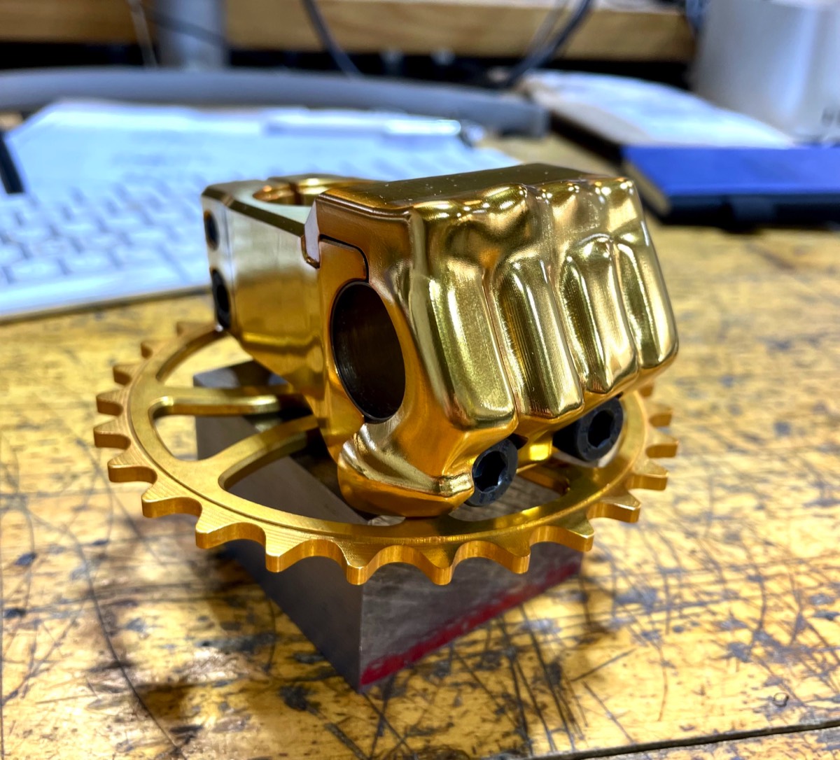 Anodized gold BMX stem designed by Jeff Hooper and machined at Hooper Machine & Desig