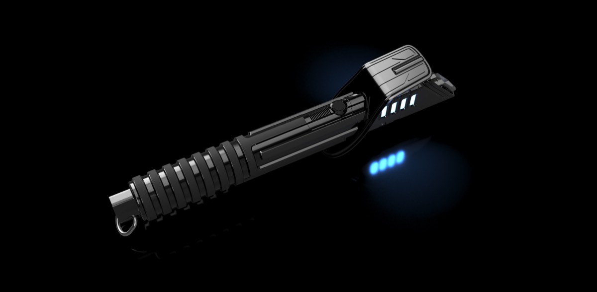 High-resolution 3D rendering of Darksaber prop, designed and modeled by Jeff Hooper for custom machining